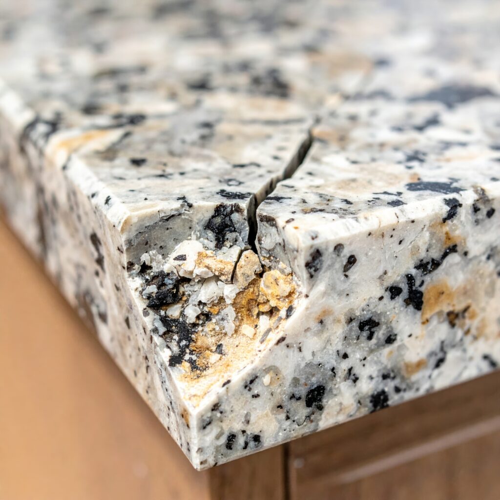 Close-up of chipped and cracked granite countertop corner needing repair or replacement