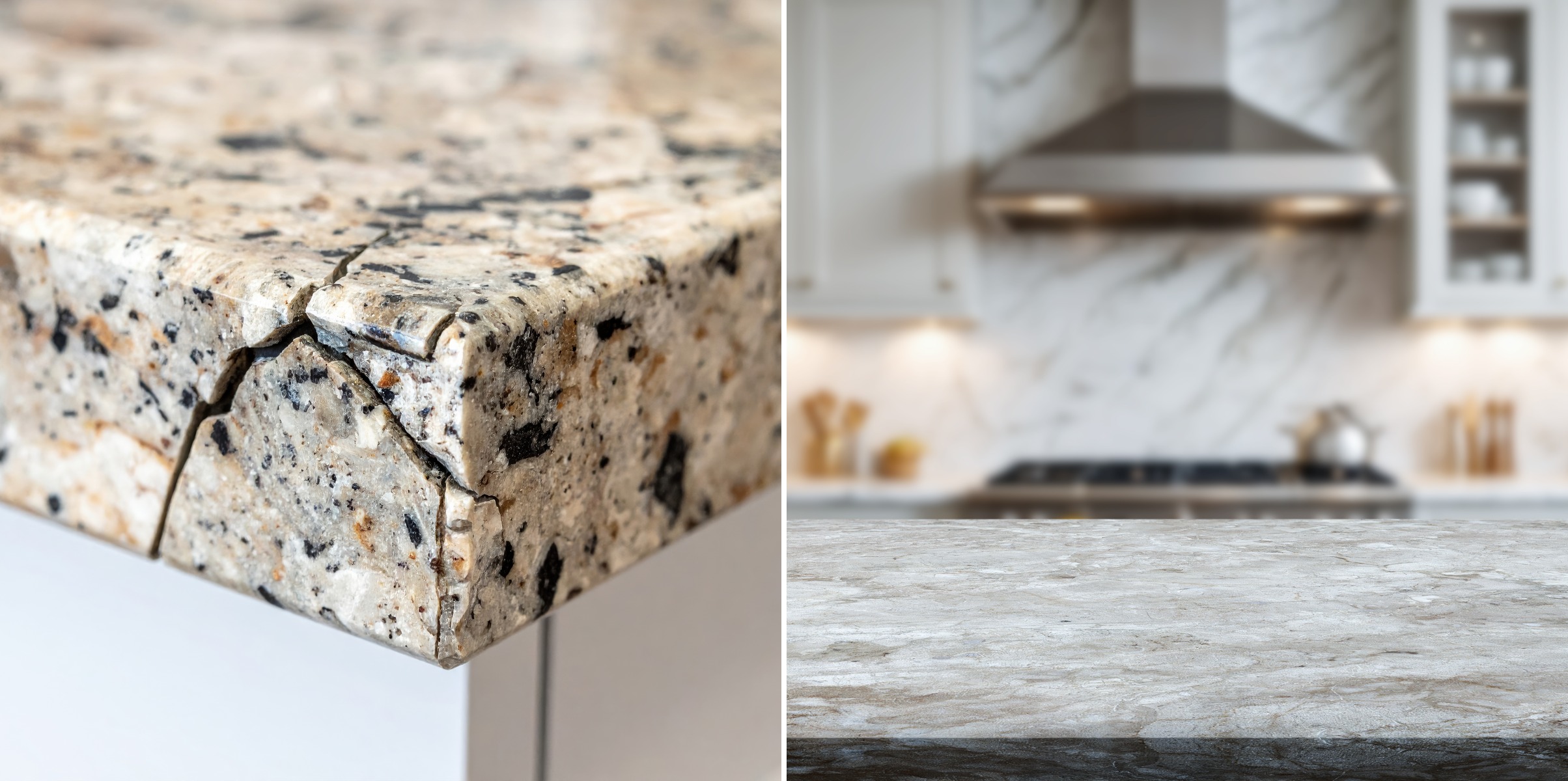 Split image comparing cracked granite countertop edge to new granite countertop in bright kitchen, illustrating kitchen countertop replacement Phoenix homeowners